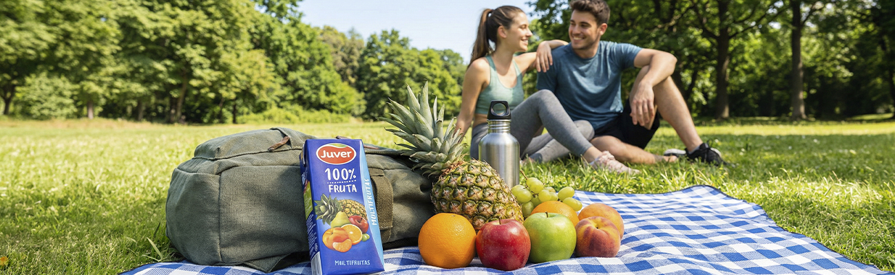 Pareja de pícnic consumiendo Juver 100% fruta